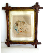 Vintage Print Photograph &amp; Wood Frame of 2 Sleeping Sisters Holding Doll - £38.39 GBP