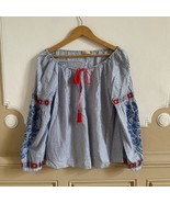 Tory Burch Madison peasant top blouse embroidered striped 8 boho blue white - $1,173.13 MXN