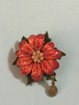 Vintage Small Red Enamel Poinsettia Flower w Green Leaves &amp; Mother Mary Goldtone - £11.00 GBP