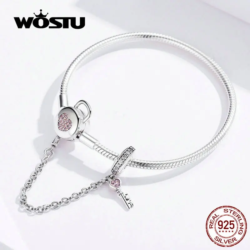 100% 925 Sterling Silver Heart Key Safety Chain Bracelets Pink Zircon Charm Bang - £53.80 GBP