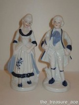 VTG Pair 5&quot; Porcelain Victorian Figurines Colonial COUPLE Cobalt Blue White Set - £13.49 GBP