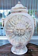 Large Outdoor Pottery Lidded Urn with Sun Motif and Faux Handles 26" Tall  - $266.31