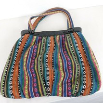 Aztec Tribal Multicolor Stripe Cotton Mix Hippie Boho Hobo Faux Leather Trim Bag - £22.92 GBP