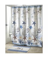 Blue Beige Shower Curtain Fabric Seashells Beach Nautical Ocean Summer 7... - £93.39 GBP