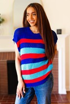 Forget Me Not Royal Blue Stripe Short Sleeve Dolman Sweater - £28.15 GBP