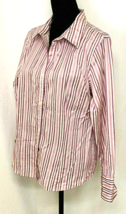 LIZ CLAIBORNE BLOUSE SIZE 14 PINK PURPLE &amp; WHITE STRIPED BUTTON DOWN LON... - £11.15 GBP