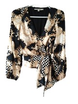 O.L.M. black white gold chess long sleeve Blouse top with bow S - £55.05 GBP