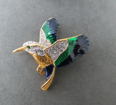 Rhinestone Hummingbird Brooch Blue Green Enamel Gold Tone 2&quot; High Green Eyes - £17.58 GBP