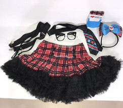 Nerd Girl Costume Cosplay Skirt, Hairband, Glasses, Suspenders, Tie Halloween - £18.18 GBP