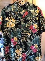 Malihini Vintage Men’s L Black Green Floral SS Button Down Cotton Hawaii... - £46.97 GBP