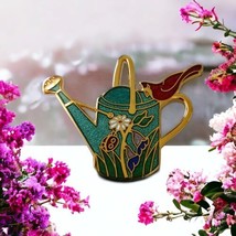 Cloisonne Watering Can Cardinal Brooch Pin Red Bird Gold Tone Enameled G... - $12.86