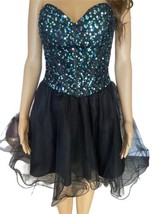 Black Sleeveless Blue Sequins Embellished Fit &amp; Flare Dress Size 9/10 - £43.52 GBP