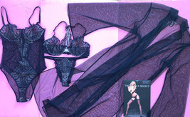 Victoria&#39;s Secret unlined 34B BRA SET+TEDDY+Kimono Robe Black Beige Mesh Lace - $168.29