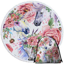 Beautiful Painting of Flowers and Horses Round Beach Towel - $14.90+