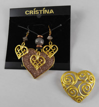 Vintage 1995 Cristina Designed Earrings Necklace Brooch Pin Gold &amp; Resin Hearts - £21.22 GBP