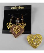 Vintage 1995 Cristina Designed Earrings Necklace Brooch Pin Gold & Resin Hearts - $26.99