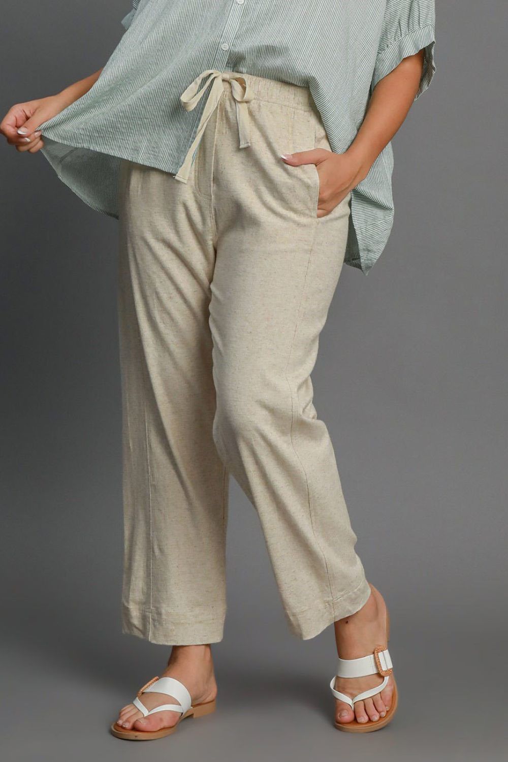 Umgee Full Size Drawstring Elastic Waistband Linen Blend Pants Plus Size Item image 4