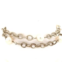 Vintage Signed Sterling Pearl Link Rolo Double Chain Designer Bracelet sz 7 3/4 - £97.21 GBP