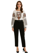 Queen Letizia Inspired Embroidered Blouse &amp; Black Cigarette-Style Trouse... - $129.99
