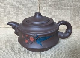 Small Asian Yixing Clay Brown Floral Teapot Orange Flowers Art Pottery - $51.48