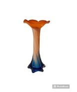 8” Tall Twisted, Ruffled, Ribbed Hand Blown Art Glass Flower Vase Blue &amp;... - £26.65 GBP