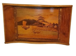 Antique Solid Wooden Serving tray w/ Marquetry VTG french Carved Art Deco Lake  - £162.63 GBP