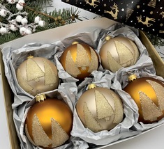 Set of gold and beige Christmas glass balls, hand painted ornaments with... - $71.25