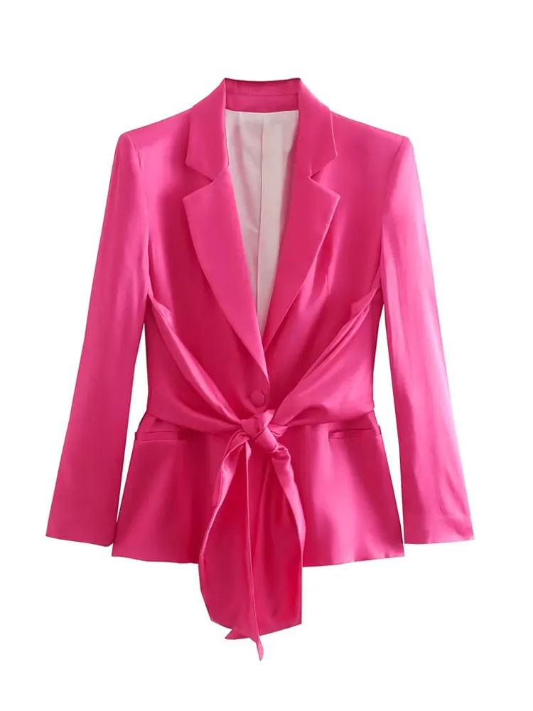 Zevity Women  Front Button With Bow Tied Satin Blazer Coat Vintage Long Sleeve F - £115.97 GBP