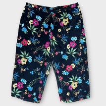 LINEA Louis Dell&#39;Olio Crinkle Crop Pull On Pants Black Multicolor Floral... - $28.06