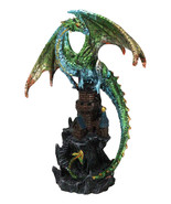 Metallic Green Dragon Perching On Rocky Mountain Stonewall Castle Tower ... - $456.75 MXN