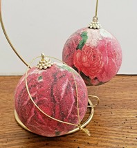 2 Flocked Balls Red and Pink Roses Christmas Tree Ornaments 3&quot; Ex. Condition - £6.19 GBP