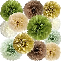  Green Brown Gold Tissue Paper Pom Poms Party Decorations Olive Tan Ivory Fl - £19.82 GBP