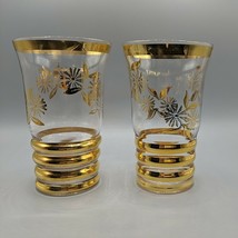 Vintage Pair Pressed Glasses Ribbed Bottom Tumblers w/ Gold Trim &amp; Flowe... - £18.36 GBP