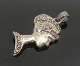925 Silver - Vintage Marcasite &amp; Coral Egyptian Queen Nefertiti Pendant- PT19277 - £26.52 GBP