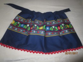 Vintage Unused Handmade Navy Floral Print Half Apron w/ Button Waist &amp; Ric Rac - £9.59 GBP