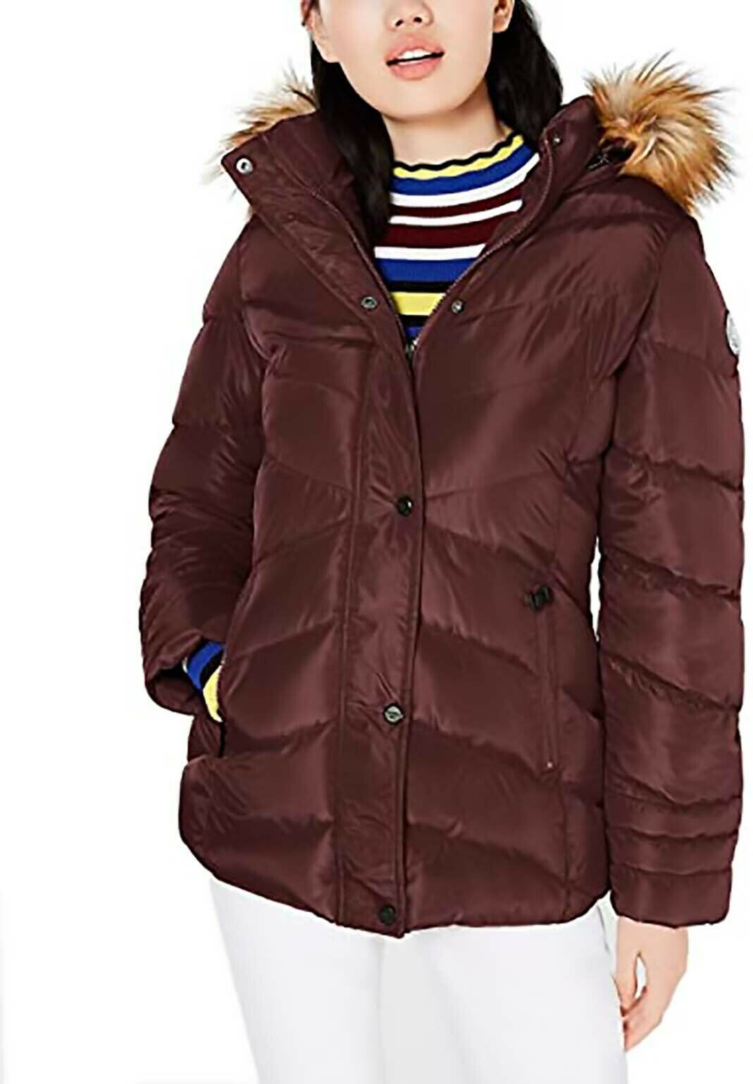 Authentic Madden Girl Juniors Hooded Faux-Fur-Trim Puffer Coat, MERLOT, ... - $34.84