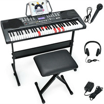61-Key Portable Electronic Keyboard Piano with Stand and Stool - Color: Black - $237.99