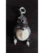 VINTAGE STERLING SILVER AMETHYST  PEARLS BISON BONE MOON GODDESS PENDANT - €167,27 EUR