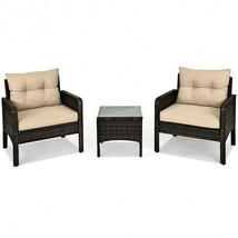 3 Piece Outdoor Patio Rattan Conversation Set with Seat Cushions-Beige - $154.95