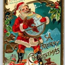 Christmas Postcard Santa Claus Holding Embossed Globe Smoking Pipe Toys Vintage - £13.01 GBP