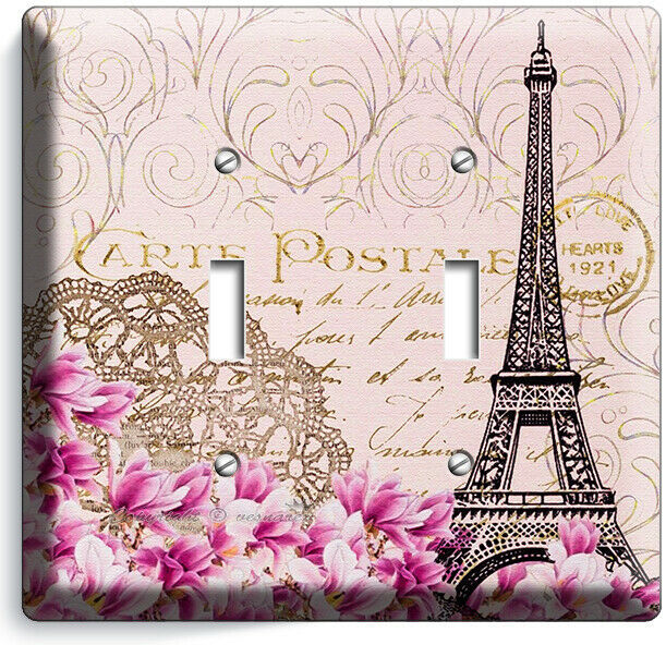VINTAGE EIFFEL TOWER MAGNOLIA FLOWERS PARIS POST CARD 3 GANG LIGHT SWITCH PLATES