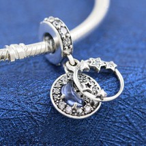925 Sterling Silver Night Sky Crescent Moon &amp; Stars Dangle Charm - £14.99 GBP
