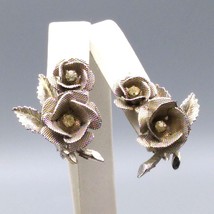 Ear Climber Rose Earrings, Silver Tone Textured Flowers with Crystal Centers - £25.92 GBP