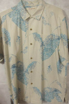 GORGEOUS Tommy Bahama Pale Tan With Blue Leaves 100% Silk Hawaiian Shirt M - £35.29 GBP