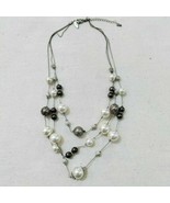 NY&amp;Co Layered Multi Strand Faux Pearl Necklace Silver Black Station Bead - £8.41 GBP