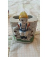 Vintage Boy With Dog Sitting On Fence Figurine Japan  Planter/Trinkets 3... - $9.89