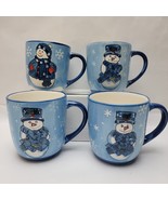 4 Vintage Libbey Snowman 14 oz Blue Ceramic Coffee Cup Mug Holiday Chris... - $578.80 MXN