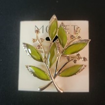 VTG Monet Signed Wheat Leaf Branch Green Rhinestone Brooch Pin New On Card - £15.78 GBP