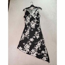 Venus Sheath Dress Women Medium Black Floral Asymmetrical Hem Wrap V Neck Ruched - £18.88 GBP