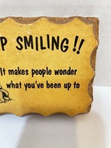 Rare VTG Paulas Wooden Postcard Motto Keep Smiling It Makes People Wander 5.5 in - £12.24 GBP